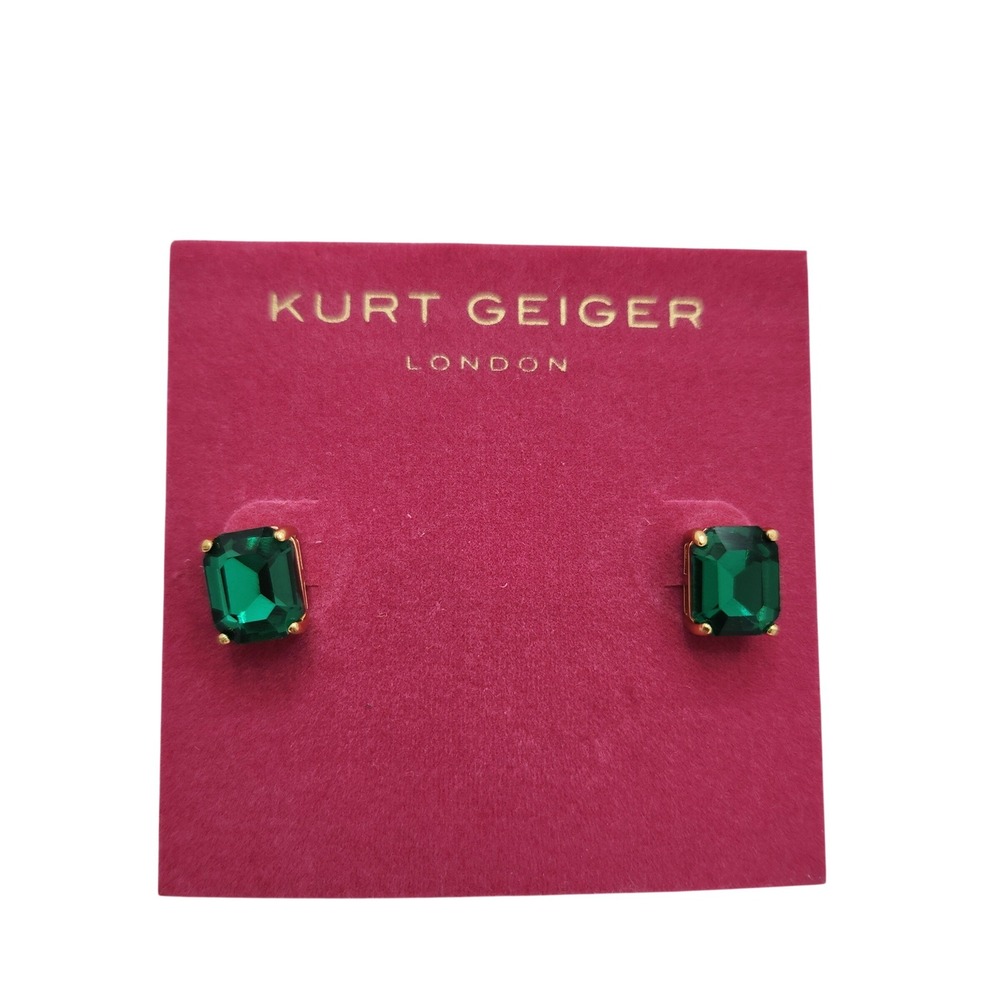 Kurt Geiger London Emerald Green Square Crystal Stud Earrings Gold Dainty